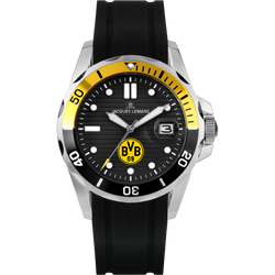 Montre BVB haut de gamme signée Jacques Lemans, avec cadran noir et jaune, bracelet en silicone et logo BVB – idéale pour les supporters du Borussia Dortmund.