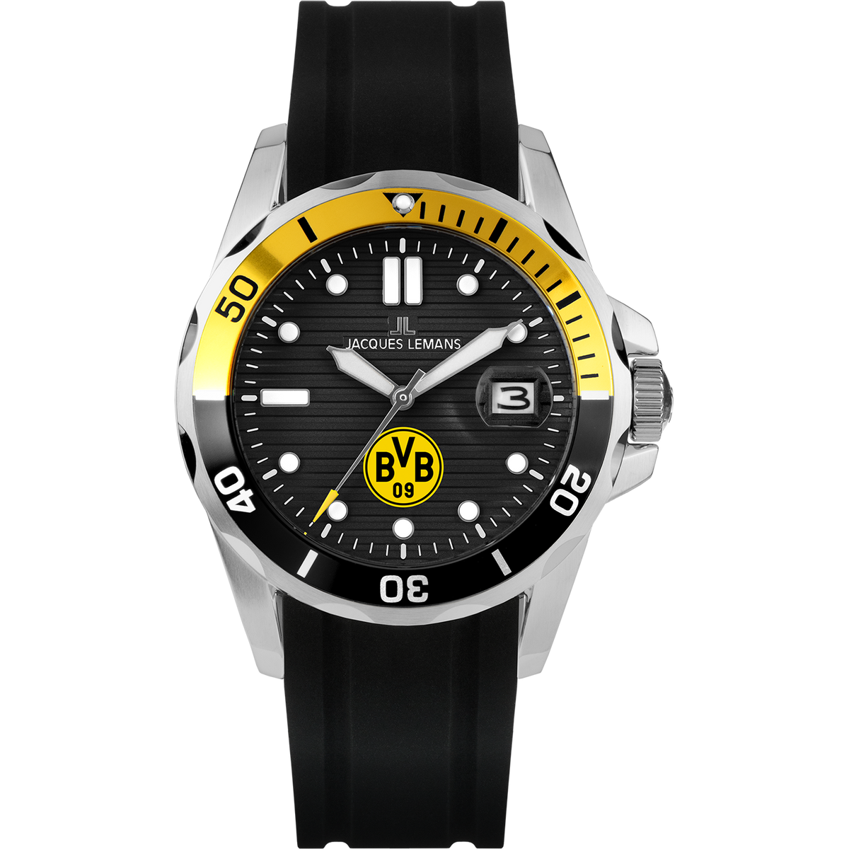 Orologio BVB di alta qualità firmato Jacques Lemans con quadrante nero e giallo, cinturino in silicone e logo BVB – ideale per i tifosi del Borussia Dortmund.