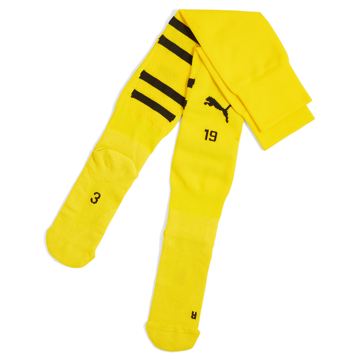 Gelbe BVB-Fußballsocken der Saison 24/25 mit schwarzen Akzenten, PUMA-Logo und Vereinsfarben schwarzgelb.
