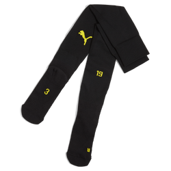 Calcetines de fútbol del Borussia Dortmund en negro y amarillo, talla 24/25, con el logotipo amarillo de Puma y un elegante diseño de números, ideales para los aficionados.
