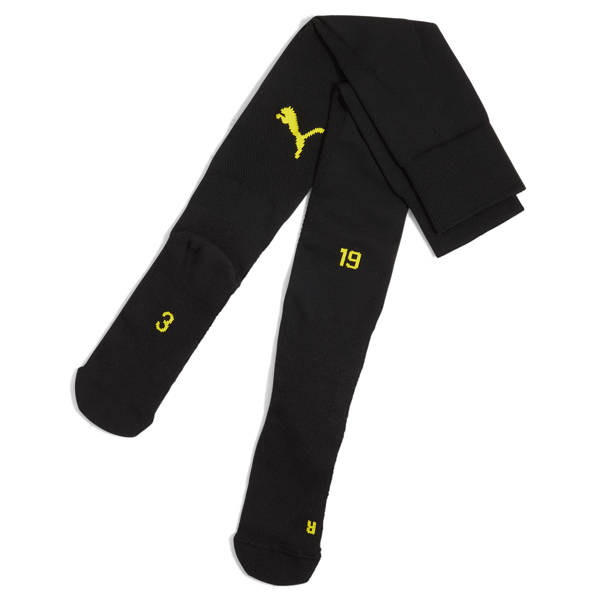 多特蒙德足球队黑黄配色足球袜 24/25，配有黄色彪马（Puma）标志和时尚的号码设计，是球迷的理想之选。