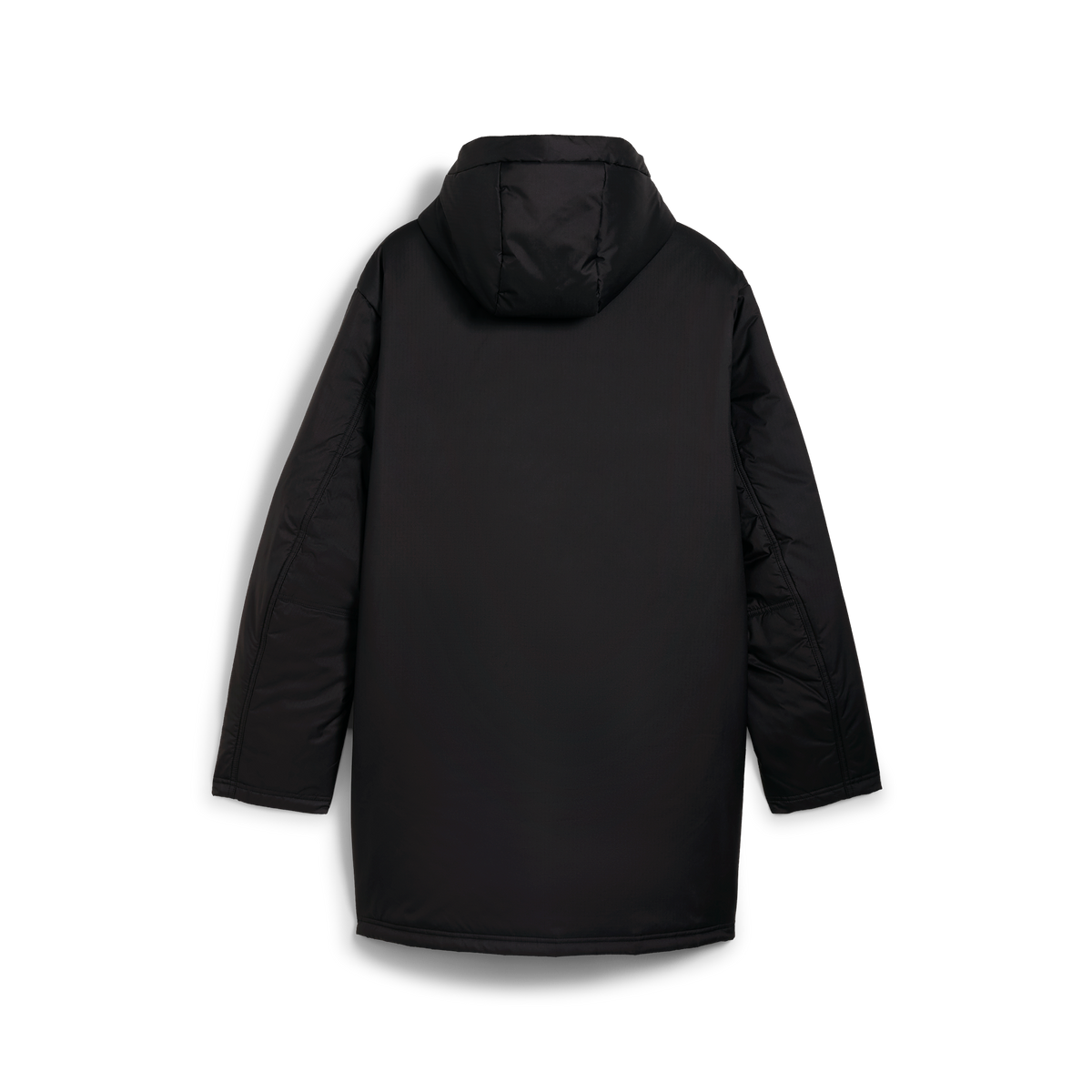 Vue de dos de la veste d'hiver noire du BVB issue de la collection 24/25, dotée d'une capuche, idéale pour les journées froides.