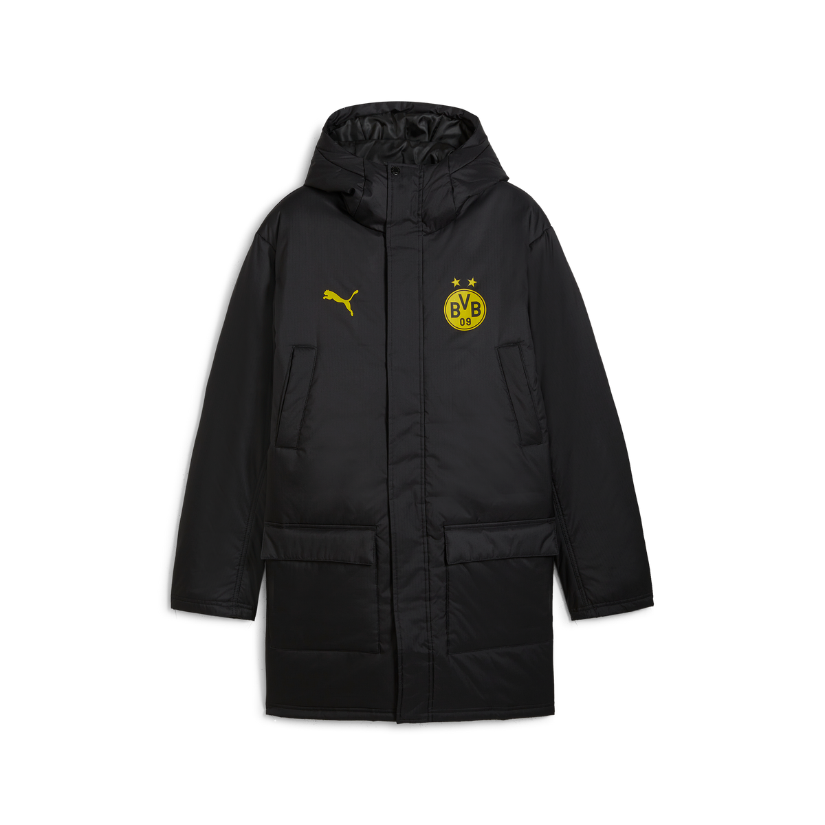 Schwarze BVB-Winterjacke 24/25 mit gelbem BVB-Logo und PUMA-Logo, ideal für Fans von Borussia Dortmund.