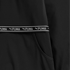 Schwarze BVB x Puma Gym Woven Elastic Jacke für Frauen mit weißem PUMA-Logo-Print auf einem elastischen Band.