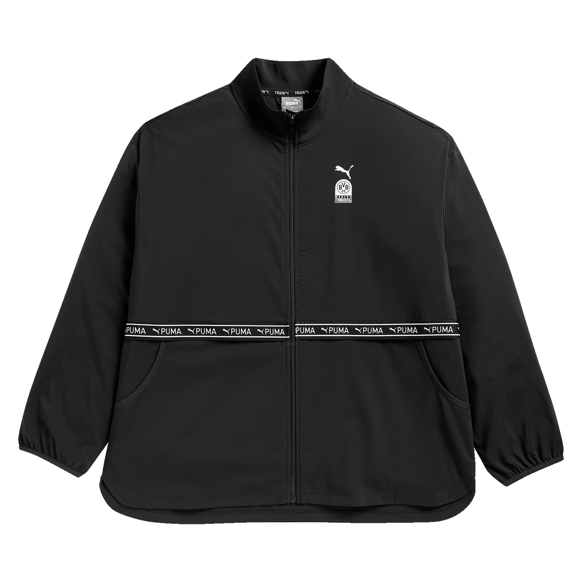 Schwarze Gym-Woven-Damenjacke aus der BVB x Puma Kollektion mit elastischen Details und sichtbaren Logos von BVB und Puma auf der Vorderseite.