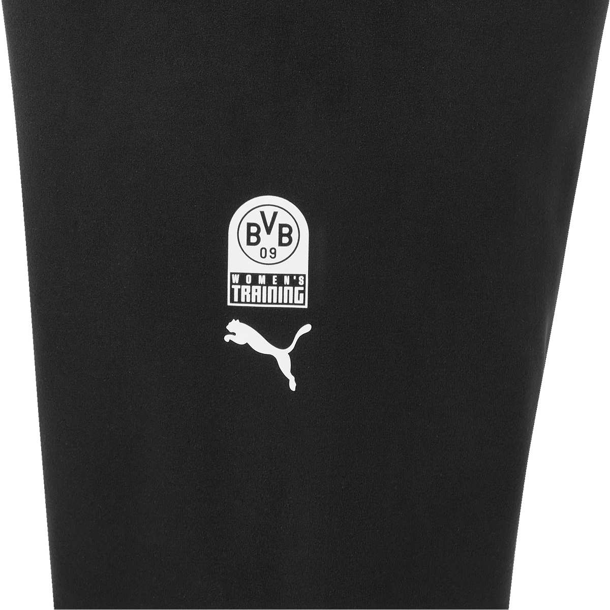 Schwarze BVB x PUMA Gym Cloudspun Tight für Frauen mit BVB-Training-Logo und PUMA-Logo in Weiß.