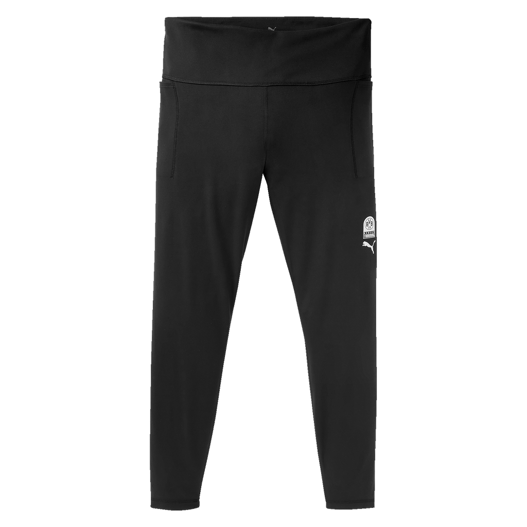 Pantalon de sport noir pour femme issu de la collection BVB x Puma, orné du logo Puma et de l'emblème du BVB, idéal pour le sport et les loisirs.