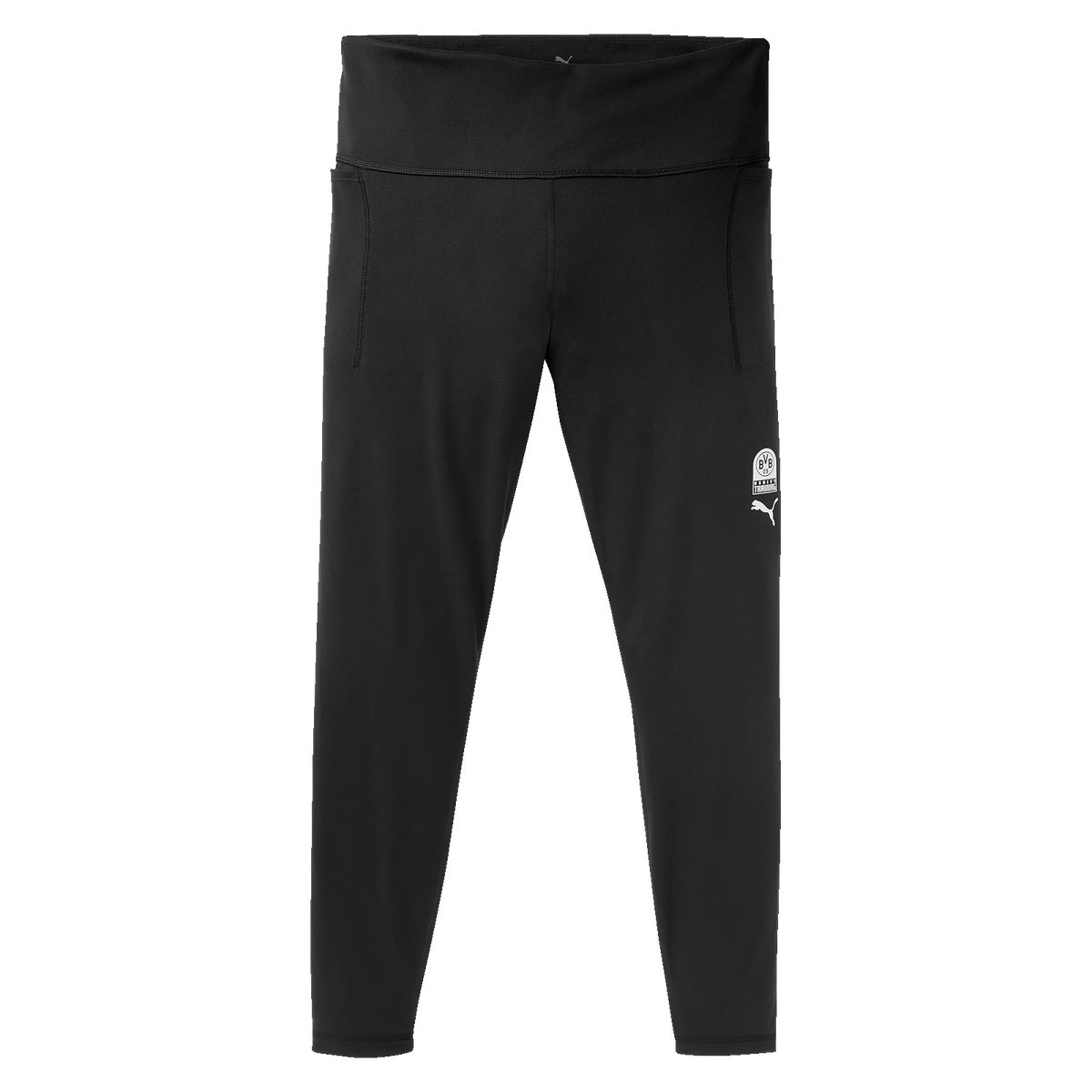 Pantalones de entrenamiento negros para mujer de la colección BVB x Puma, con el logotipo de Puma y el emblema del BVB, ideales para hacer deporte y para el tiempo libre.