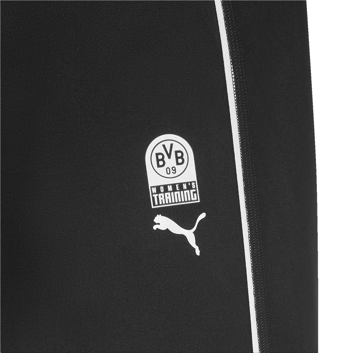 Mallas deportivas negras BVB x Puma para mujer, con el logotipo del BVB 09 y el logotipo de Puma, con un estilo deportivo ideal para entrenar y el tiempo libre.