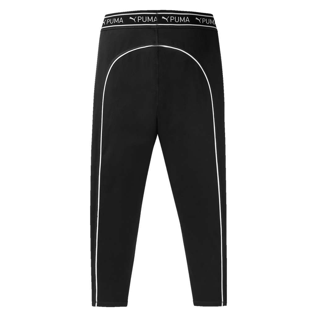 BVB × プーマの「Gym Train Strong」コレクションから登場した、女性用ブラックの7/8丈タイツ。白いストライプ柄と伸縮性のあるプーマのウエストバンドが特徴で、スポーツやフィットネスに最適です。