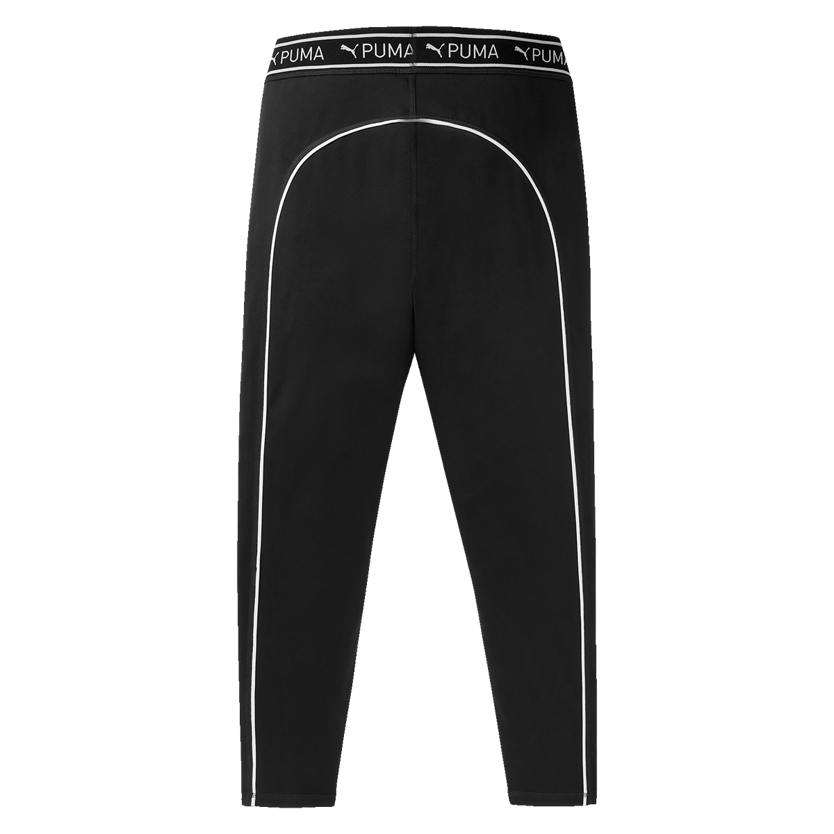 BVB × プーマの「Gym Train Strong」コレクションから登場した、女性用ブラックの7/8丈タイツ。白いストライプ柄と伸縮性のあるプーマのウエストバンドが特徴で、スポーツやフィットネスに最適です。