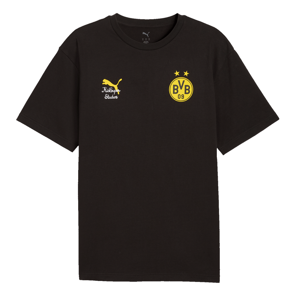 Schwarzes BVB KidSuper Graphic T-Shirt für Erwachsene, kurzärmelig mit BVB-Logo und Puma-Logo auf der Vorderseite.