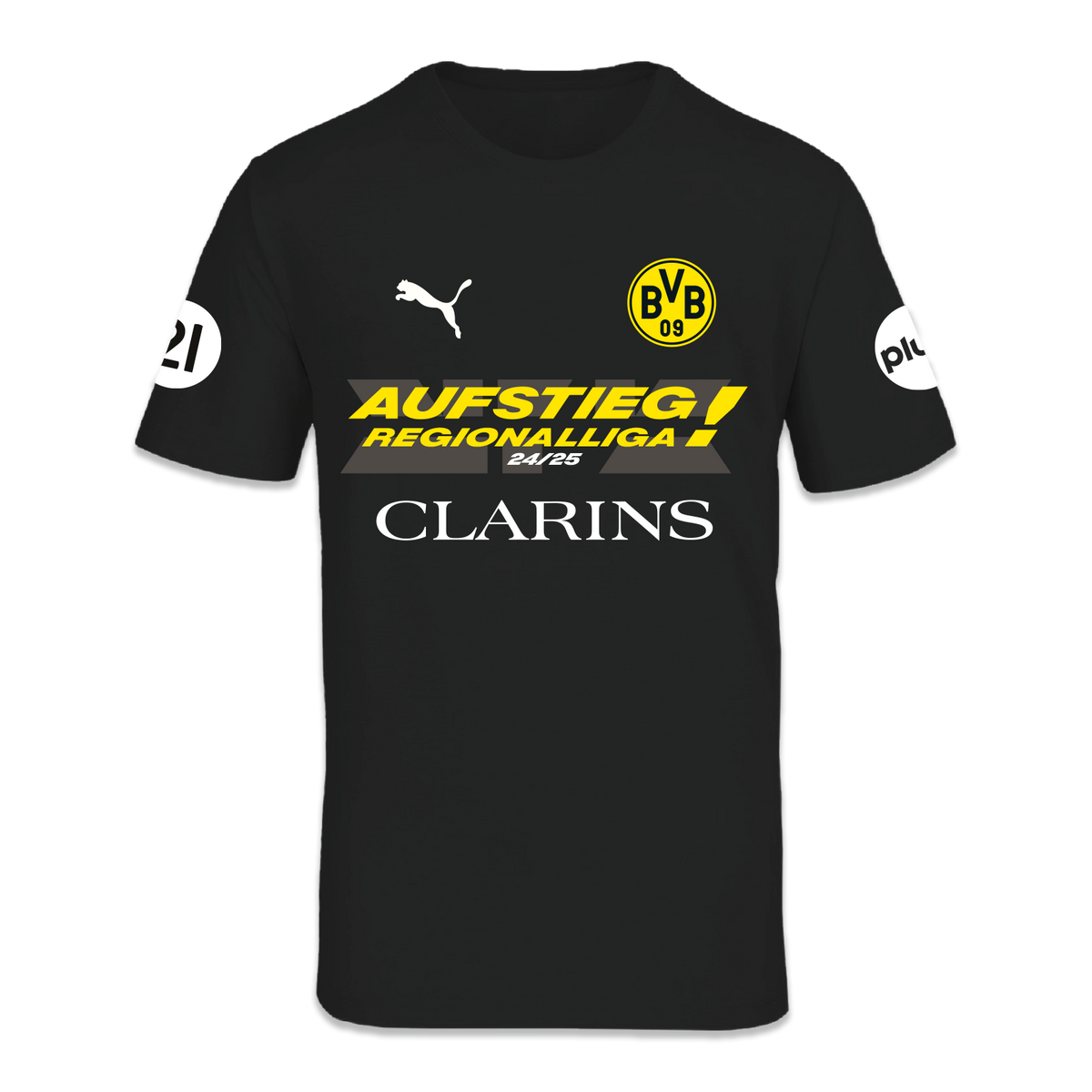 Schwarzes T-Shirt für Damen zum Aufstieg der BVB 09 Frauen in die Regionalliga 24/25, mit BVB-Logo, Sponsorenaufdrucken und gelber Schrift 'AUFSTIEG REGIONALLIGA 24/25'.