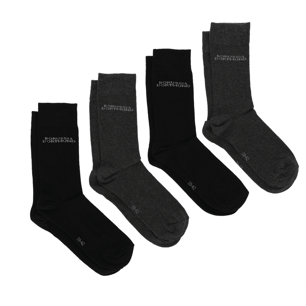 Das BVB-Socken-Set besteht aus vier Paar Socken in Schwarz und Grau mit dem Borussia Dortmund Schriftzug, perfekt für Fans im Alltag.