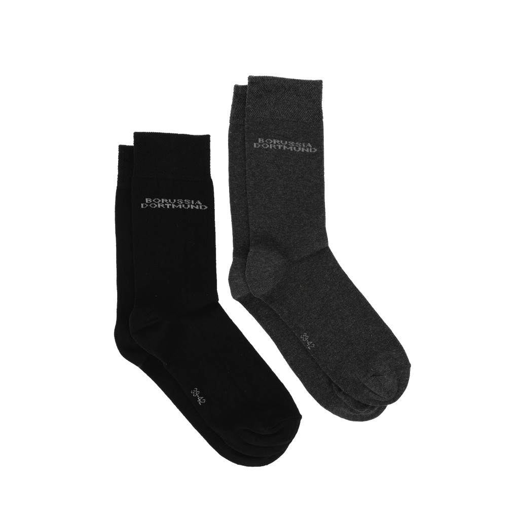4er-Set BVB Socken in schwarz und grau mit Borussia Dortmund Logo, ideal für Fans als stilvolles Vereinszubehör.