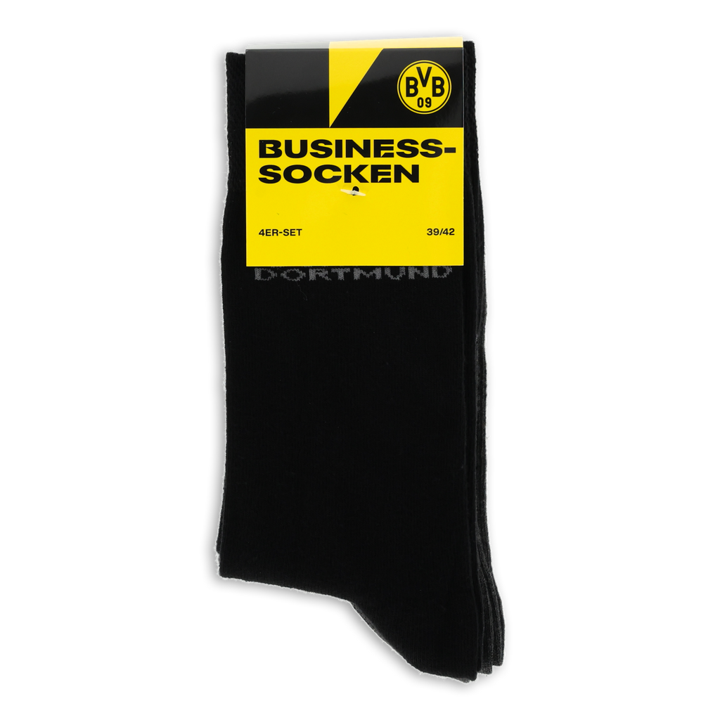 4er-Set BVB Business-Socken in Schwarz mit gelbem Verpackungsdesign und schwarzem BVB-Logo. Perfekt für Fans von Borussia Dortmund.