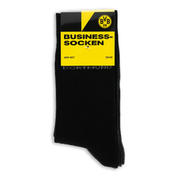 Lote de 4 pares de calcetines BVB Business en color negro, con un diseño de embalaje amarillo y el logotipo del BVB en negro. Perfectos para los aficionados del Borussia Dortmund.
