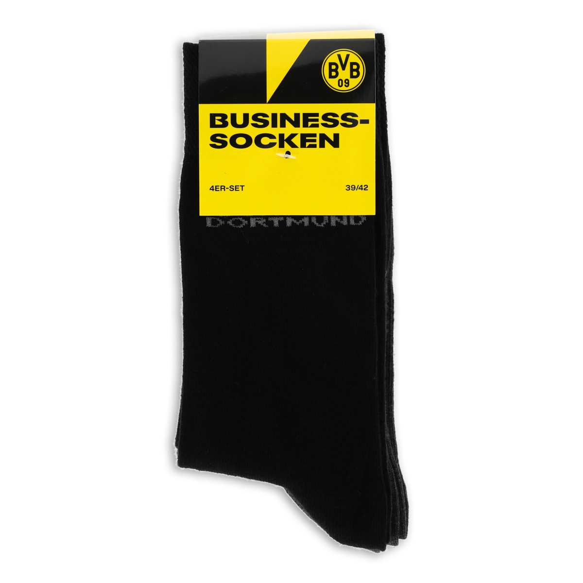 Set of 4 BVB business socks in black with a yellow packaging design and a black BVB logo. Perfect for Borussia Dortmund fans.