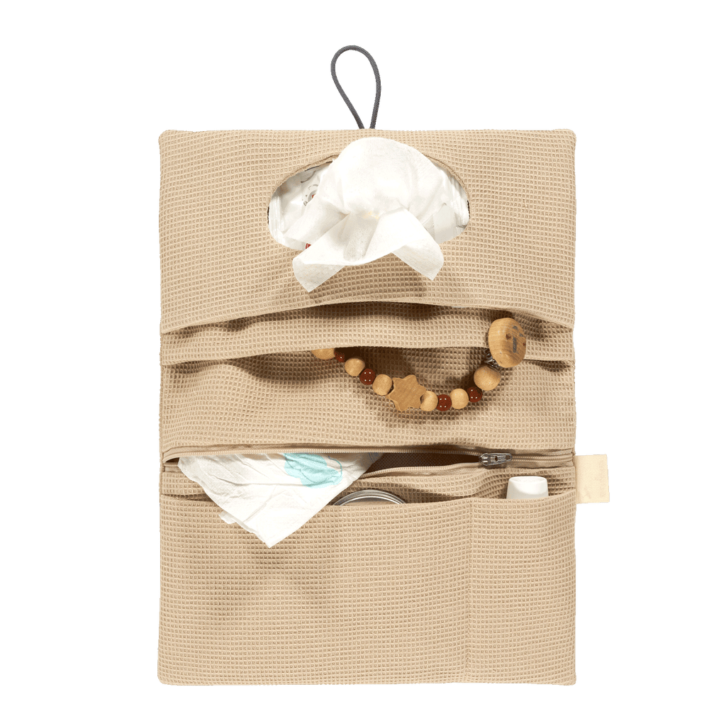 Borsa porta pannolini Alvi Mom del BVB color beige, dotata di diversi scomparti per riporre pannolini e prodotti per la cura del bambino, oltre a un'apertura per le salviettine umidificate, ideale per quando si è in giro.