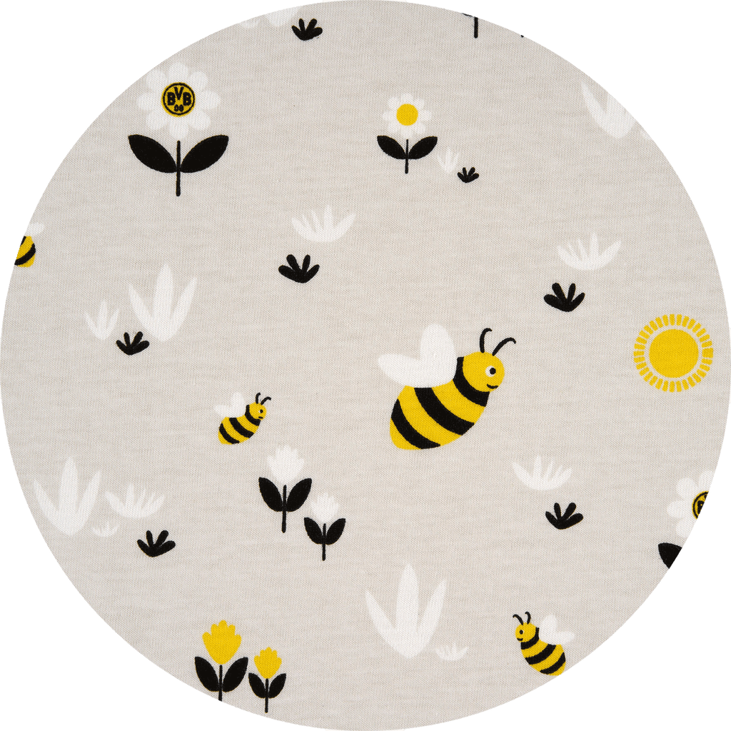 Saco de dormir «BVB Baby-Mäxchen» de Heller, con un bonito estampado de abejas en negro y amarillo, ideal para los pequeños aficionados del Borussia Dortmund.