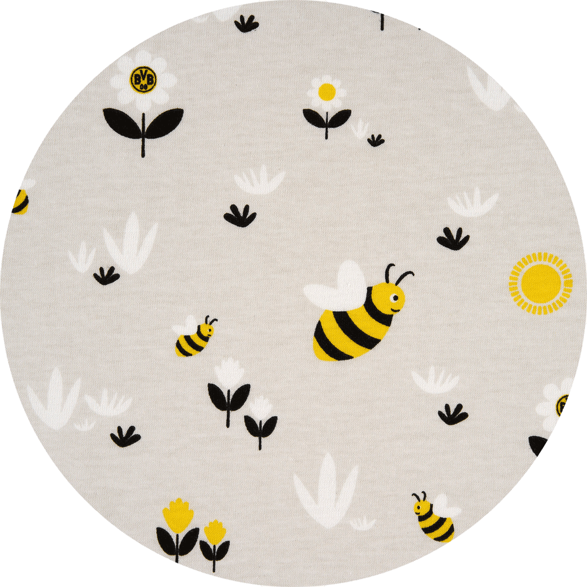 Bright BVB Baby Mäxchen Sleeping Bag with a cute black-and-yellow bee pattern, perfect for little Borussia Dortmund fans.