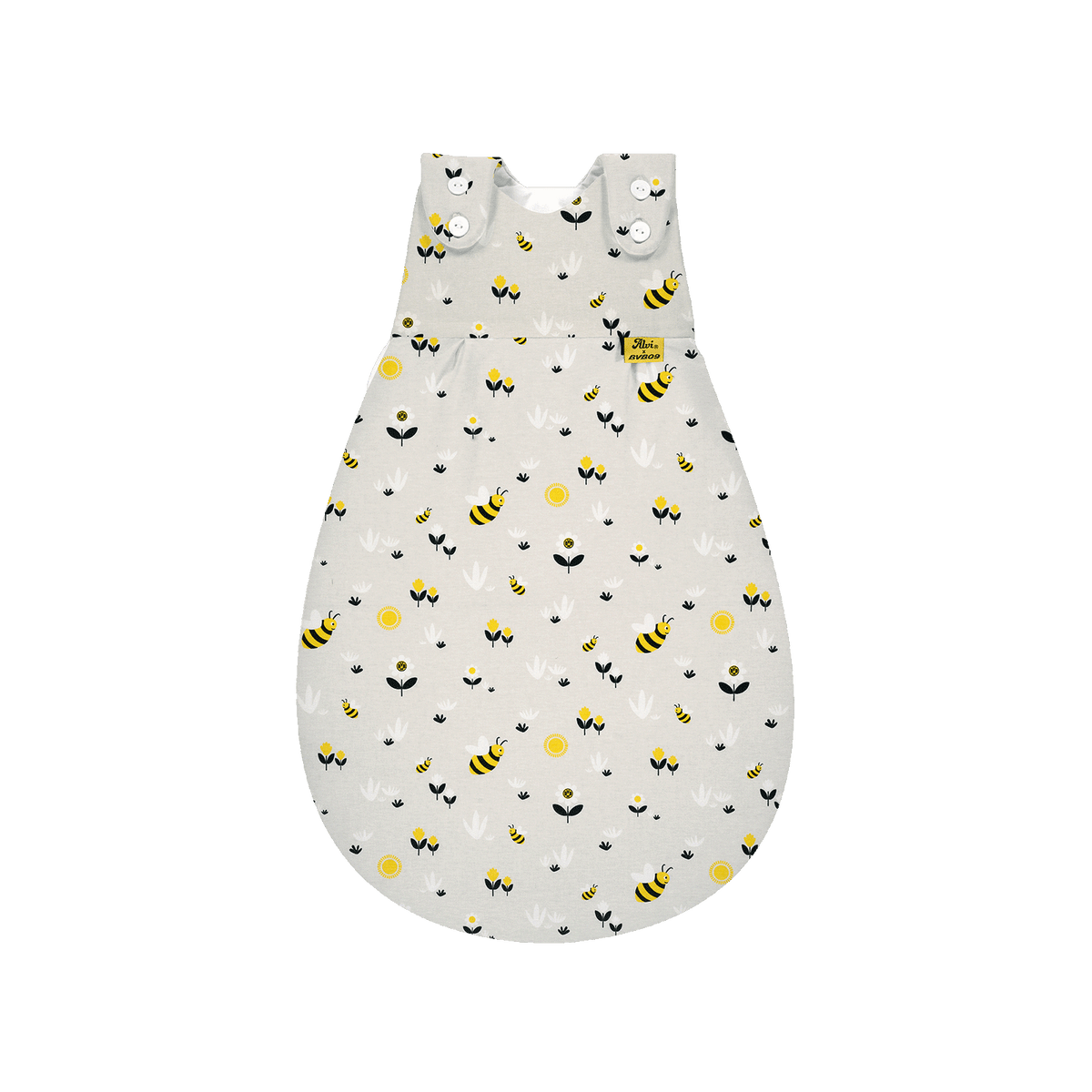 Schlafsack BVB Baby-Mäxchen von Alvi Emma, grau mit schwarzgelbem Bienendesign und Blumenmuster, für Babys.