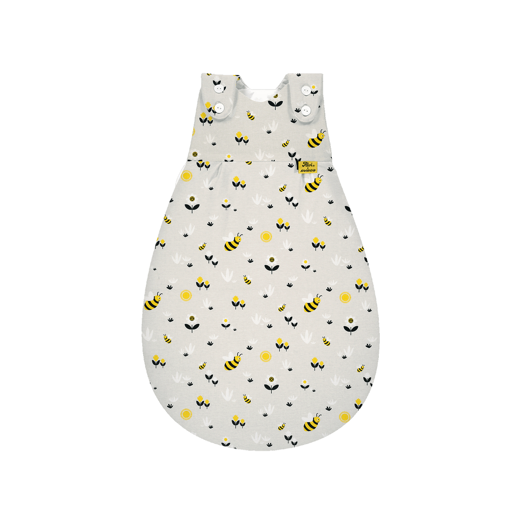 Saco de dormir «BVB Baby-Mäxchen» de Alvi Emma, gris con diseño de abejas en negro y amarillo y estampado floral, para bebés.