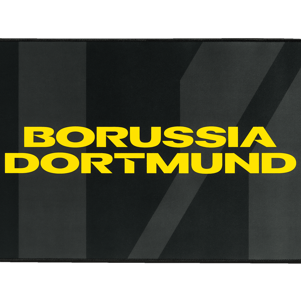Alfombrilla para ratón de gaming en negro y amarillo con el logotipo del Borussia Dortmund y un diseño elegante, ideal para los aficionados del BVB.