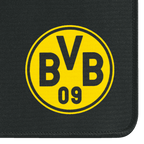 Das Gaming-Mauspad in schwarzgelber Optik zeigt das große BVB-Logo auf schwarzem Hintergrund mit abgerundeten Kanten.