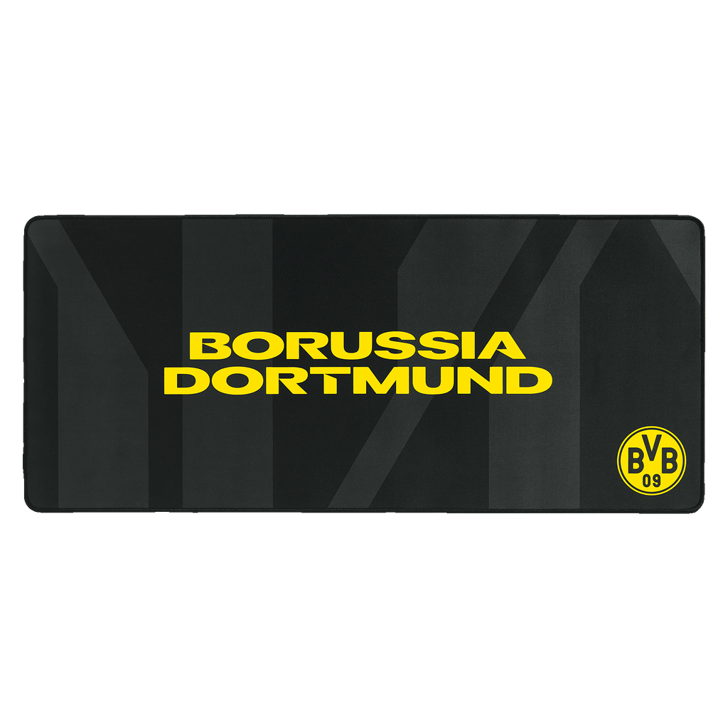 Alfombrilla para ratón BVB en negro y amarillo con la inscripción «Borussia Dortmund» y el escudo del BVB, ideal para aficionados y entusiastas de los videojuegos.