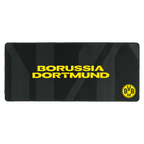Alfombrilla para ratón BVB en negro y amarillo con la inscripción «Borussia Dortmund» y el escudo del BVB, ideal para aficionados y entusiastas de los videojuegos.