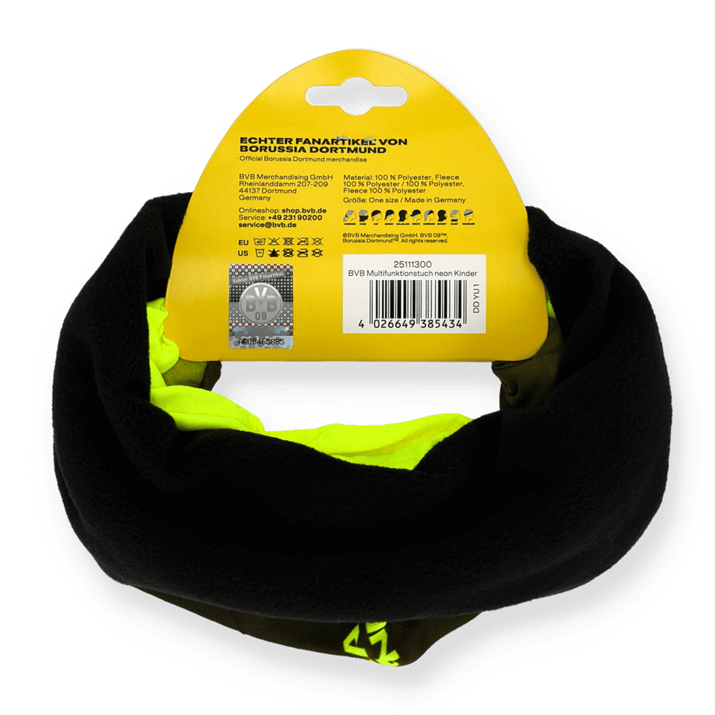 Écharpe multifonction noire du BVB avec des éléments de couleur fluo, adaptée aux enfants. Produit officiel du Borussia Dortmund.