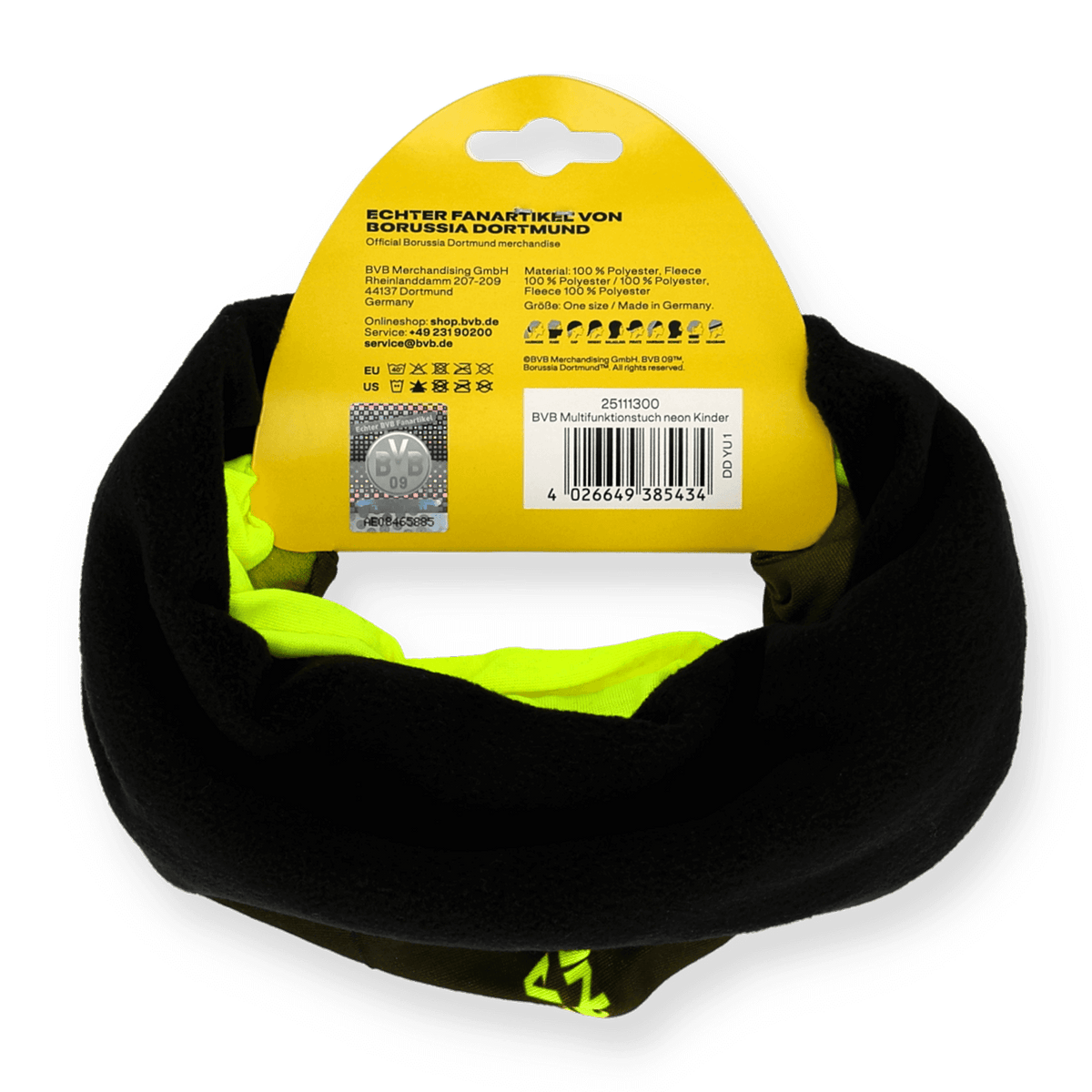 Écharpe multifonction noire du BVB avec des éléments de couleur fluo, adaptée aux enfants. Produit officiel du Borussia Dortmund.