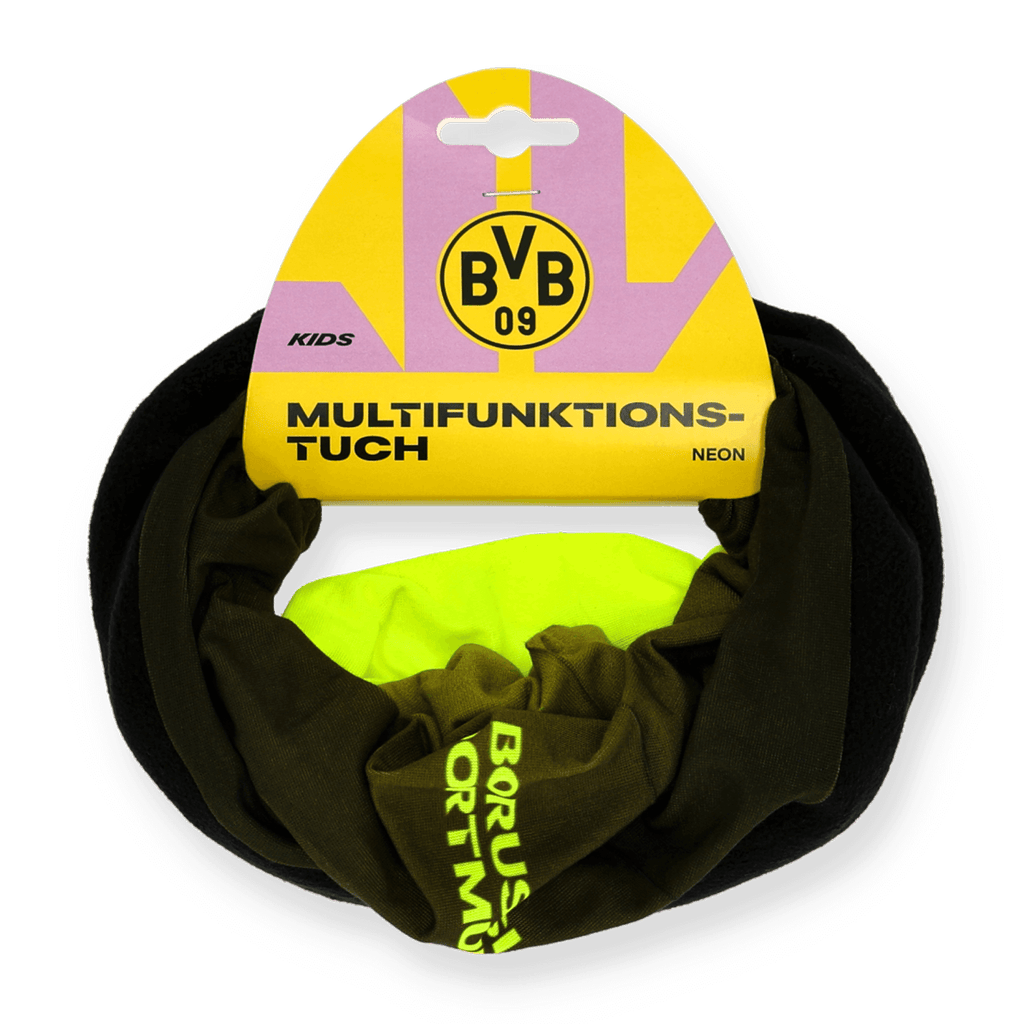 Foulard multifonction BVB pratique pour enfants, de couleur noir fluo, orné du logo du Borussia Dortmund. Un article de supporter polyvalent, idéal pour le sport et les loisirs.