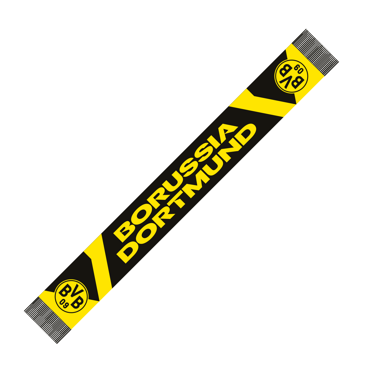 Schwarzer BVB-Schal mit gelbem Skyline-Design und Borussia Dortmund-Schriftzug sowie BVB-Logo. Ideal für Fans von Borussia Dortmund.