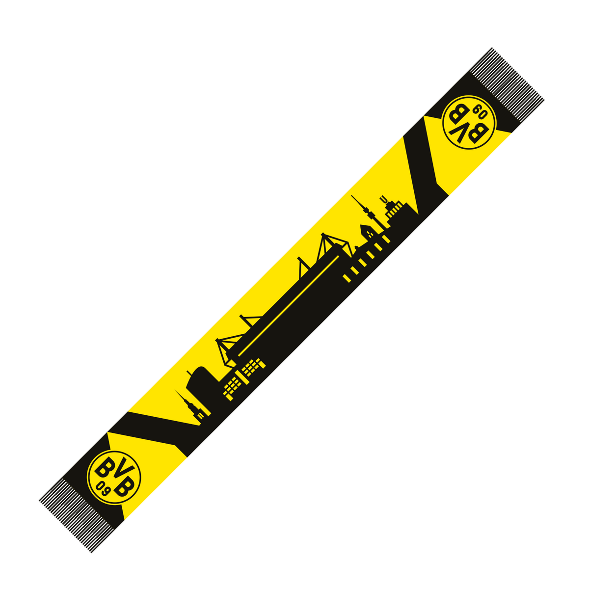 Schwarzer und gelber BVB-Schal mit Skyline-Design, SIGNAL IDUNA PARK und Borussia Dortmund-Logo.