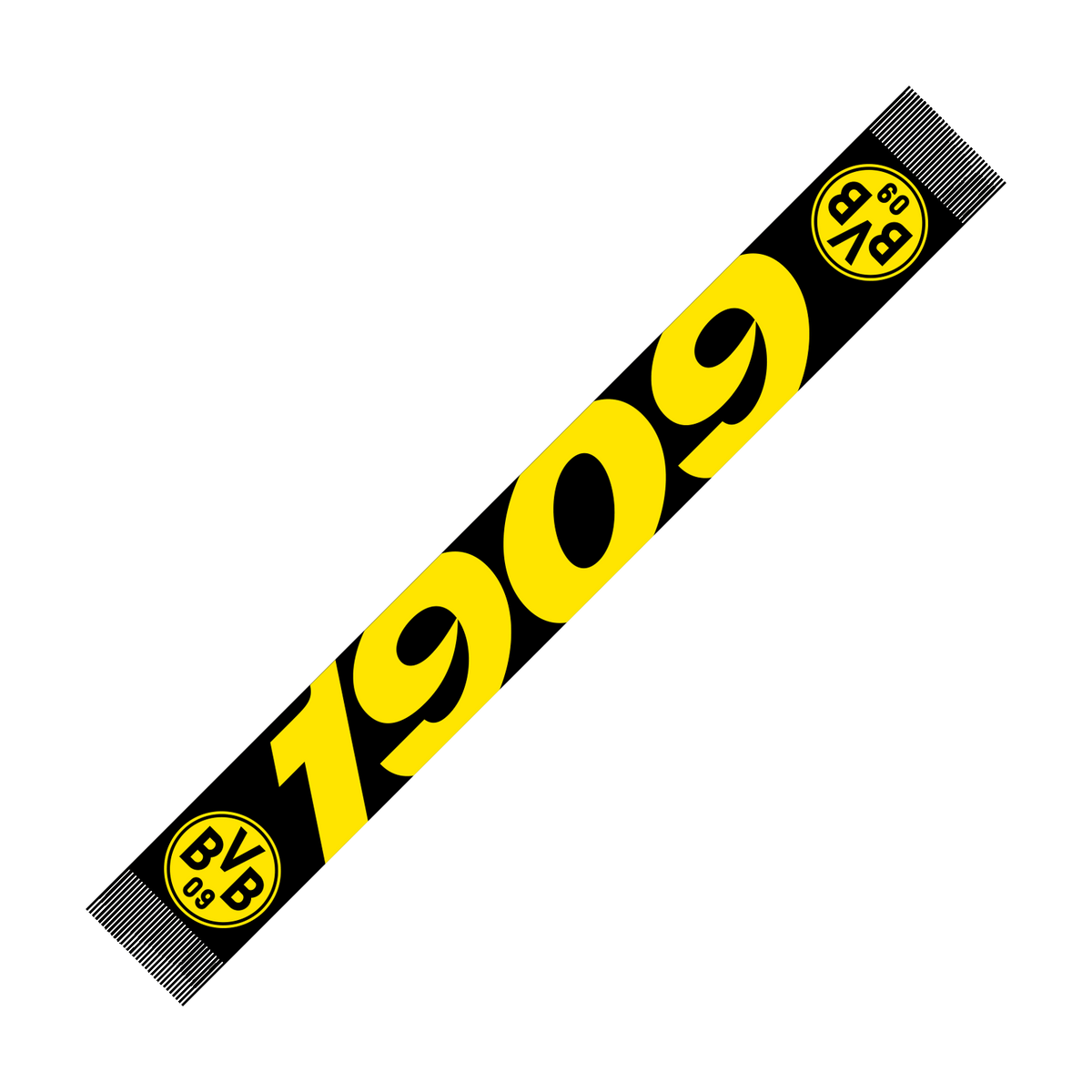 Sciarpa del BVB nei colori nero e giallo con la scritta “1909” in giallo e il logo del BVB su entrambi i lati, perfetta per i tifosi del Borussia Dortmund.