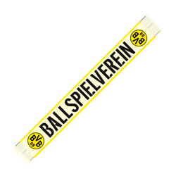 Bufanda del BVB en negro y amarillo con la inscripción «Ballspielverein» y el logotipo del BVB, ideal como artículo para los aficionados del Borussia Dortmund.