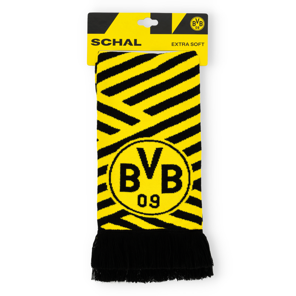 Schwarzgelber BVB-Schal mit auffälligem Zig-Zag-Muster, großem BVB 09-Logo und weichem Material, perfekt als Accessoire für Borussia Dortmund Fans.