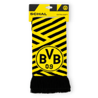 Schwarzgelber BVB-Schal mit auffälligem Zig-Zag-Muster, großem BVB 09-Logo und weichem Material, perfekt als Accessoire für Borussia Dortmund Fans.