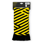 Schwarzgelber BVB-Schal mit auffälligem Zickzack-Muster und Fransen, verpackt in einer Präsentationshülle, ideal für jeden Borussia Dortmund Fan.