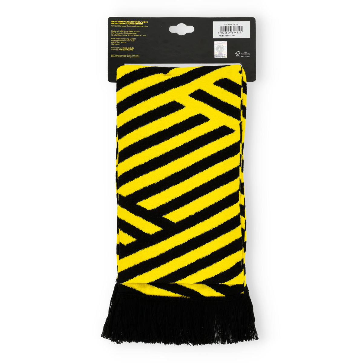 Schwarzgelber BVB-Schal mit auffälligem Zickzack-Muster und Fransen, verpackt in einer Präsentationshülle, ideal für jeden Borussia Dortmund Fan.