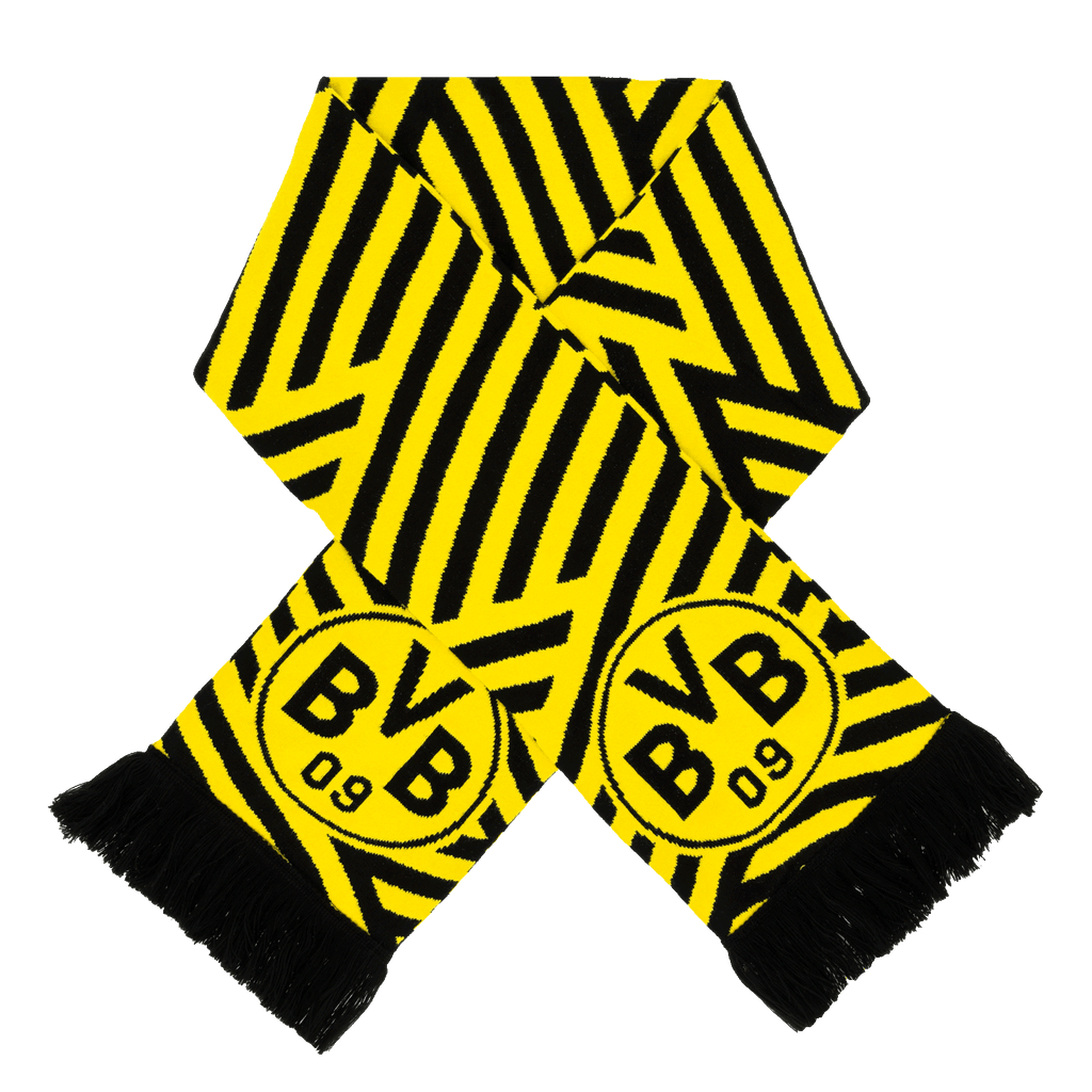 BVB-Schal mit auffälligem schwarzgelbem Zig-Zag-Design, BVB-Logo und Fransen, ideal für Fans von Borussia Dortmund.