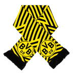 BVB-Schal mit auffälligem schwarzgelbem Zig-Zag-Design, BVB-Logo und Fransen, ideal für Fans von Borussia Dortmund.