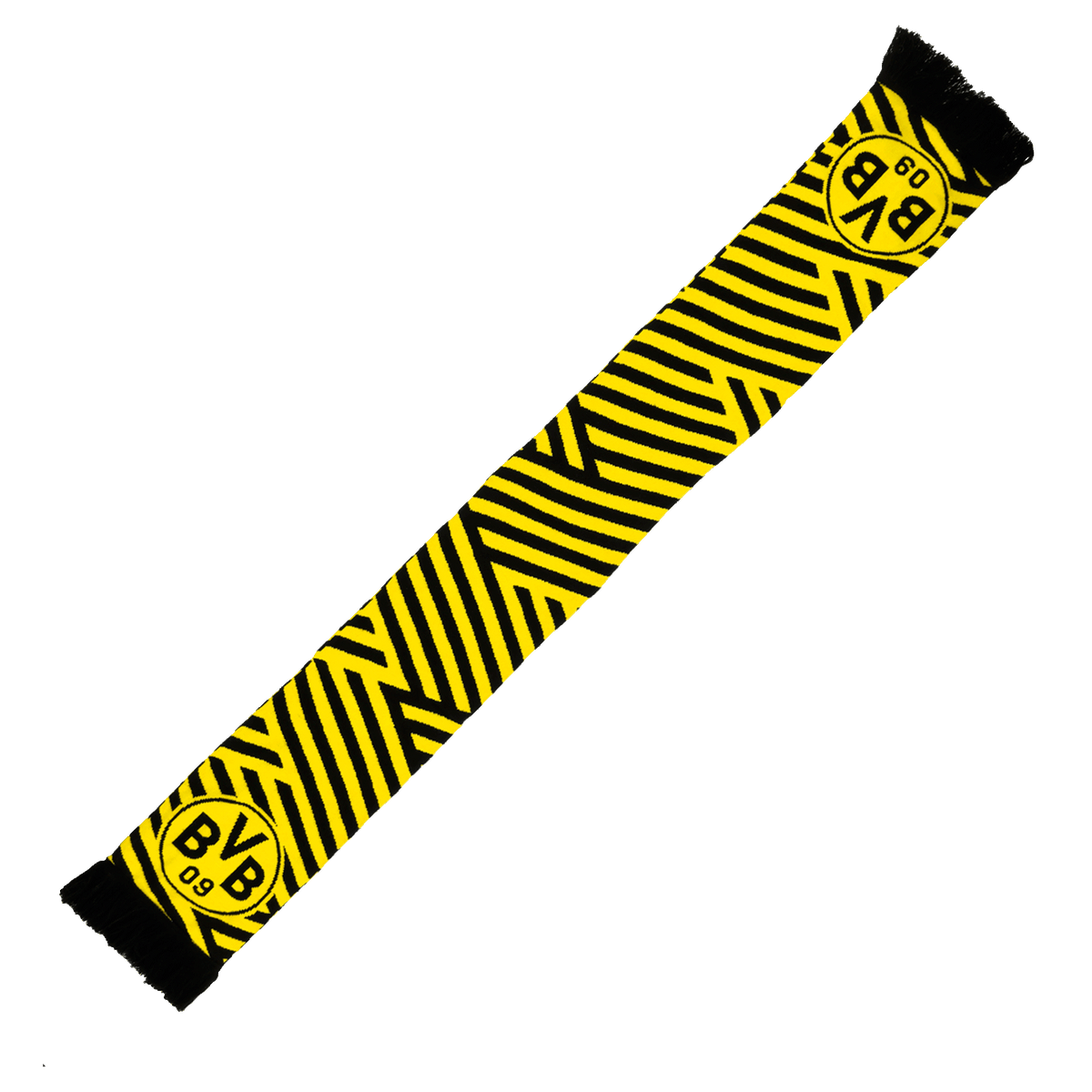 Bufanda del BVB en negro y amarillo con un llamativo diseño en zigzag y el logotipo del BVB en los extremos, ideal para los aficionados del Borussia Dortmund.