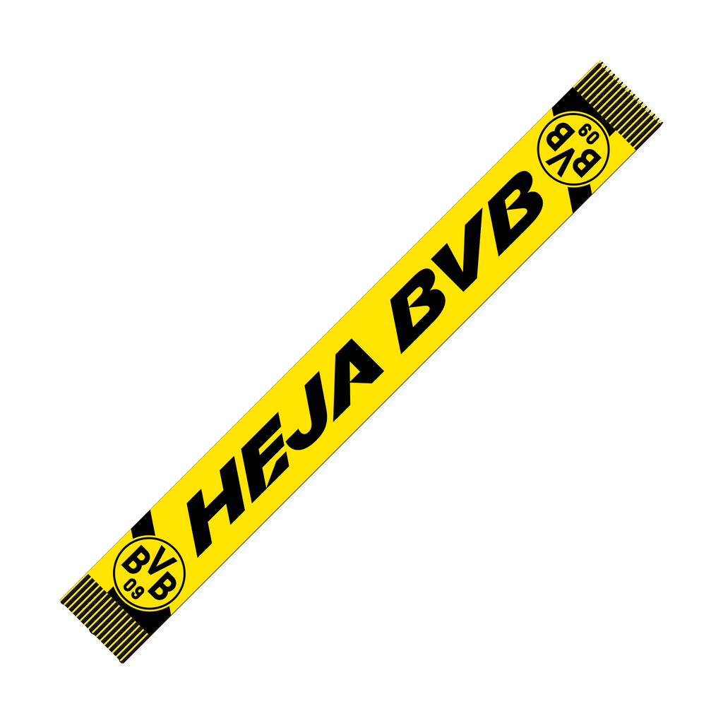 Écharpe noire et jaune du BVB portant l'inscription « HEJA BVB » et l'emblème du BVB, vue en diagonale.