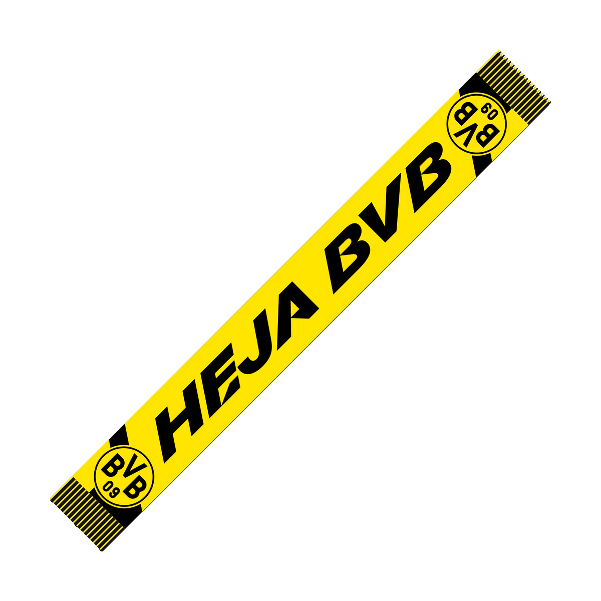Écharpe noire et jaune du BVB portant l'inscription « HEJA BVB » et l'emblème du BVB, vue en diagonale.