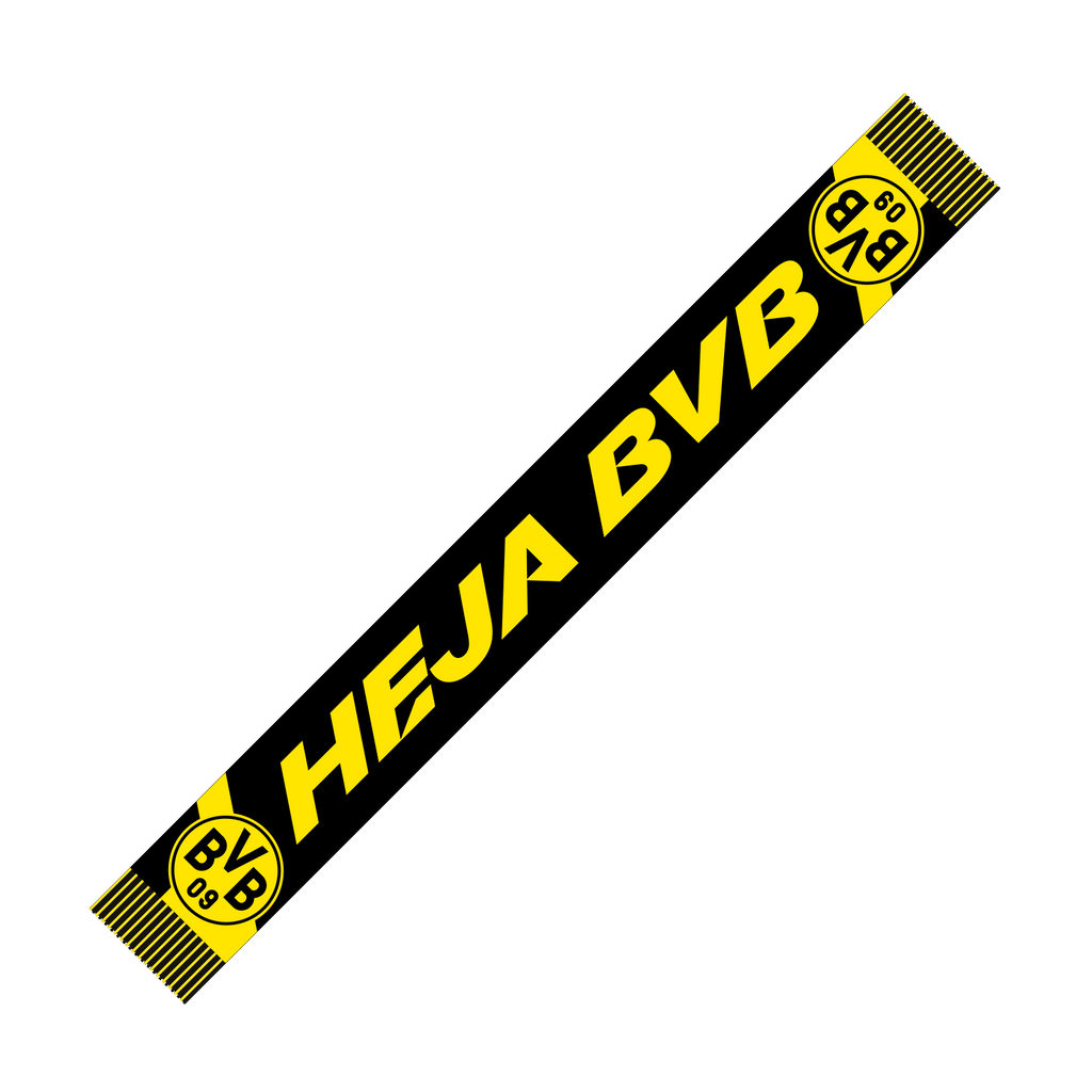 Écharpe noir et jaune du BVB portant l'inscription « HEJA BVB » et le logo BVB-09 aux extrémités, un article idéal pour les supporters du Borussia Dortmund.