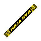 Écharpe noir et jaune du BVB portant l'inscription « HEJA BVB » et le logo BVB-09 aux extrémités, un article idéal pour les supporters du Borussia Dortmund.