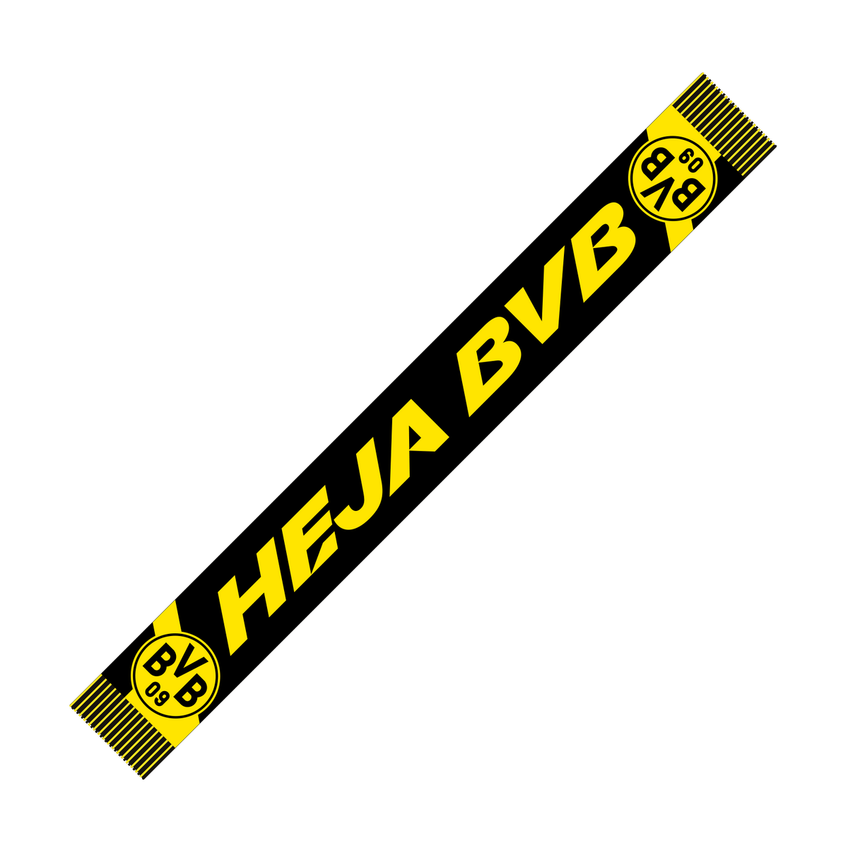 Écharpe noir et jaune du BVB portant l'inscription « HEJA BVB » et le logo BVB-09 aux extrémités, un article idéal pour les supporters du Borussia Dortmund.